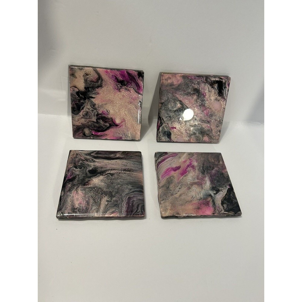 Fluid Acrylic Painted With Epoxy Resin  Coasters Set Of 4